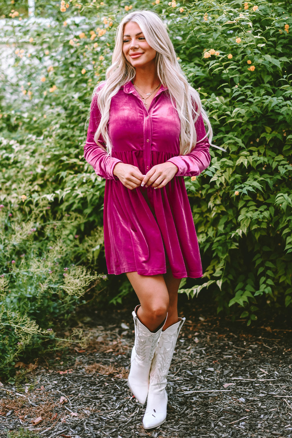 Long Sleeve Ruffle Velvet Button Up Dress