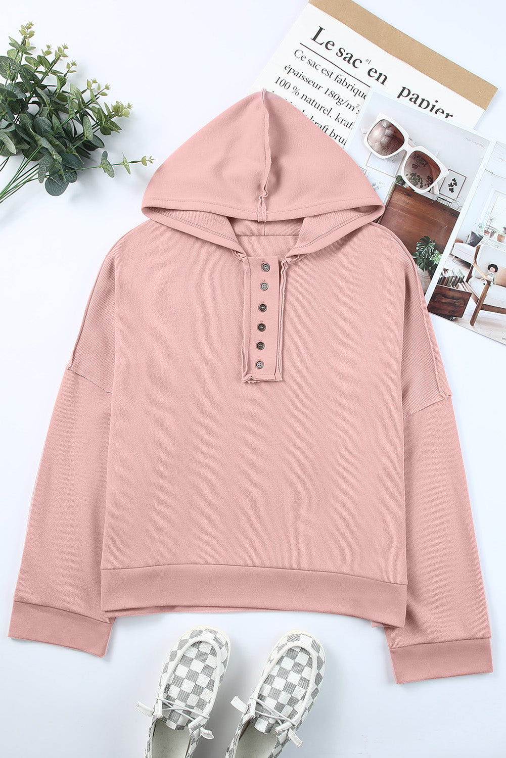 Casual Button Solid Patchwork Trim Hoodie