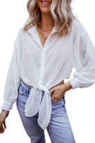 Solid Knotted Front Loose Fit Sheer Shirt