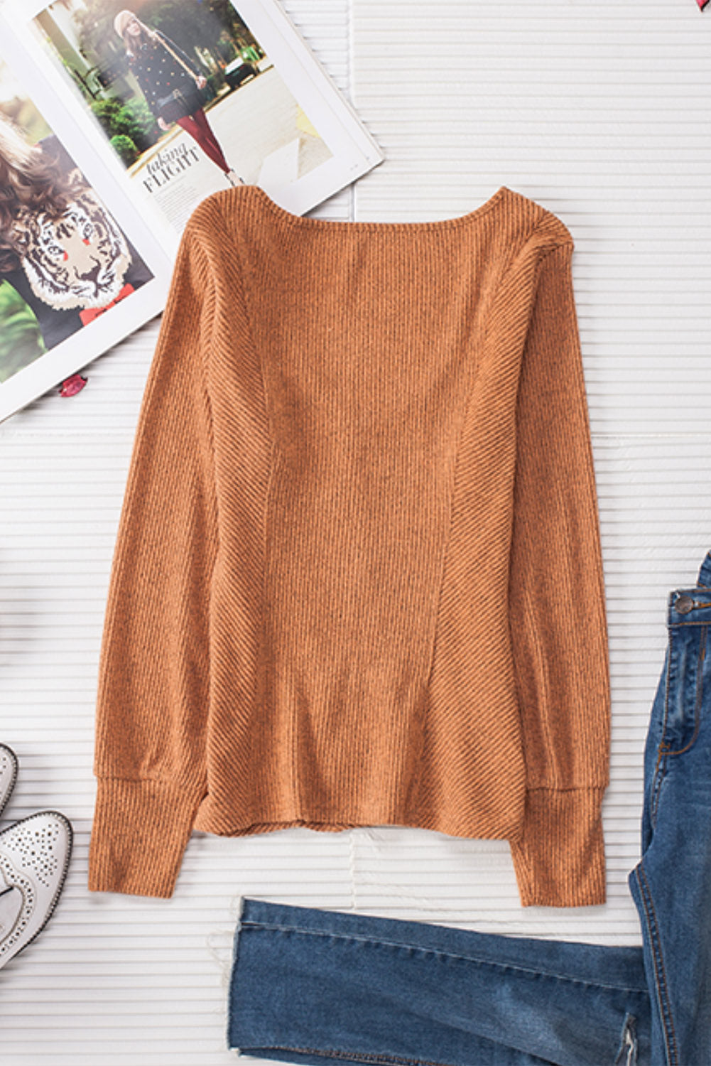 U Neck Textured Long Sleeve Top