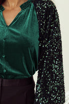 Sequin Patchwork Sleeve Button Up Velvet Top