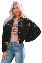 Sequin Sleeve Pocketed Raw Hem Denim Jacket