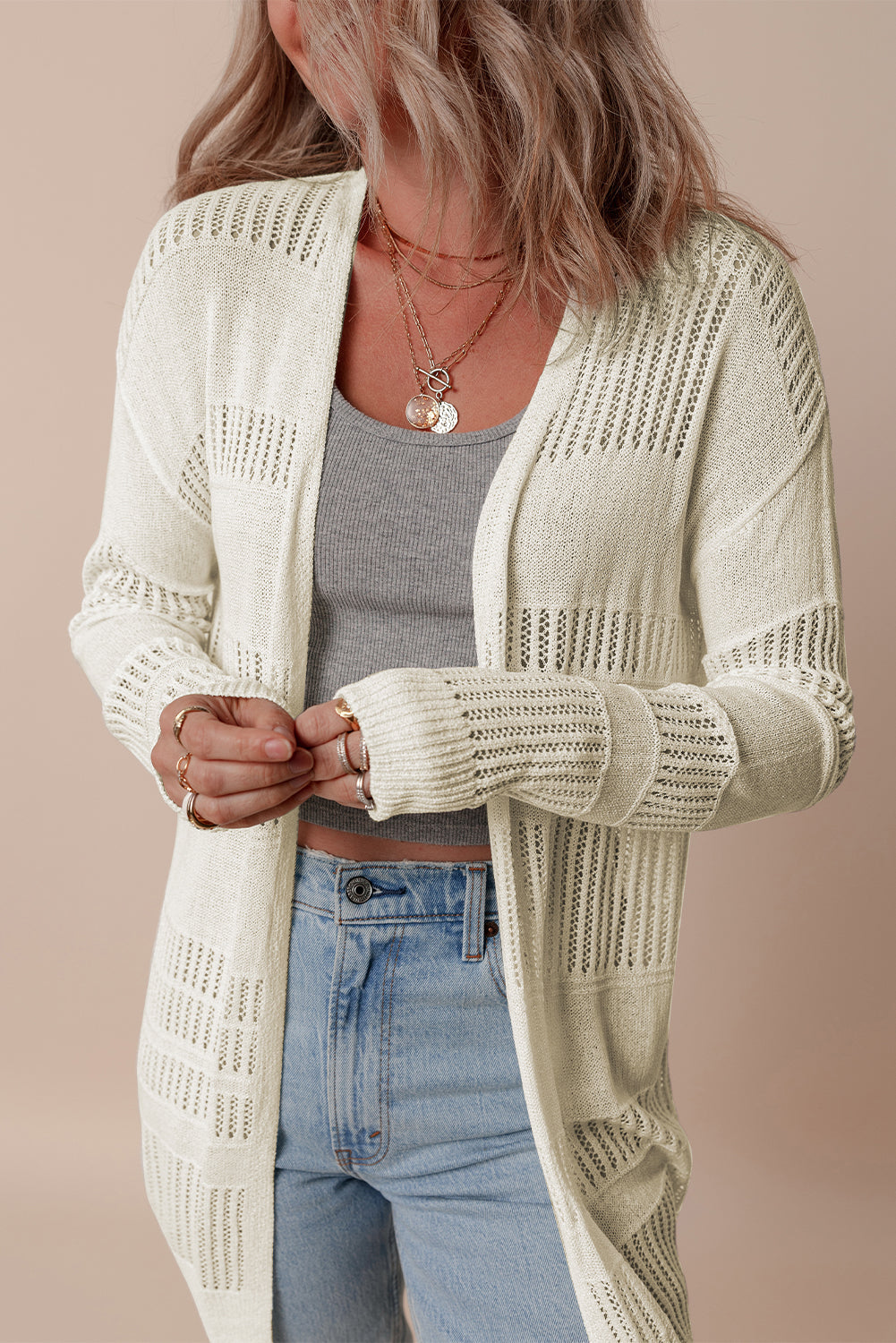 Solid Color Lightweight Open Knit Tunic Cardigan