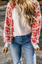 Crochet Puff Sleeve Contrast Knit Sweater