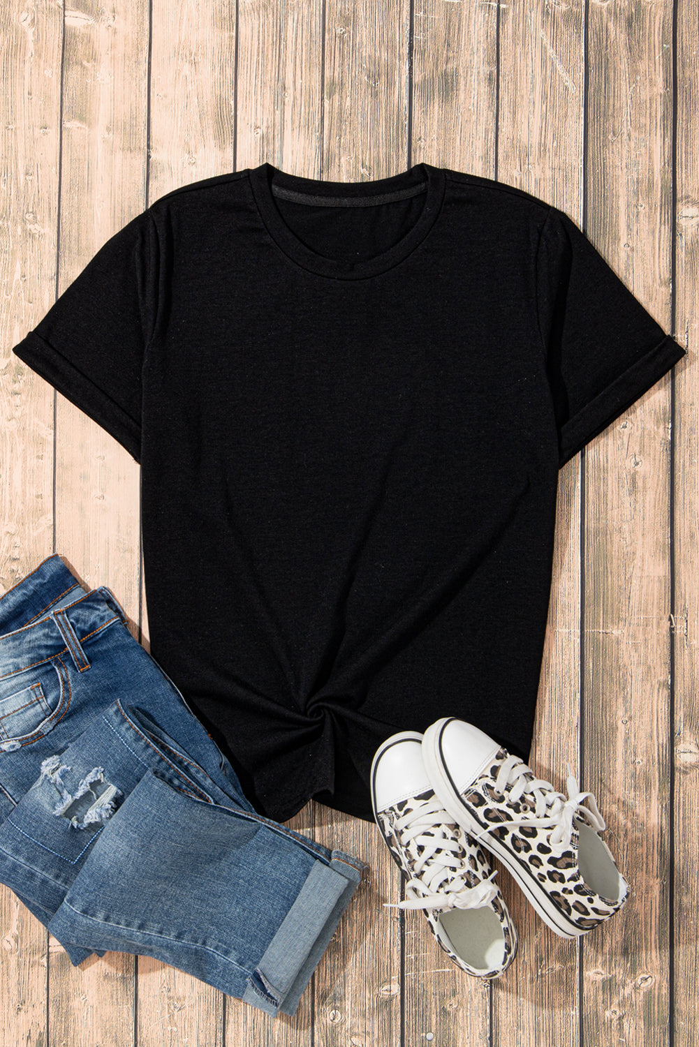 Black Casual Plain Crew Neck Tee