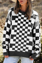 Checkered Print Drop Shoulder Round Neck Sweater