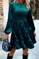 Velvet Smocked Puff Sleeve Ruffle Mini Dress