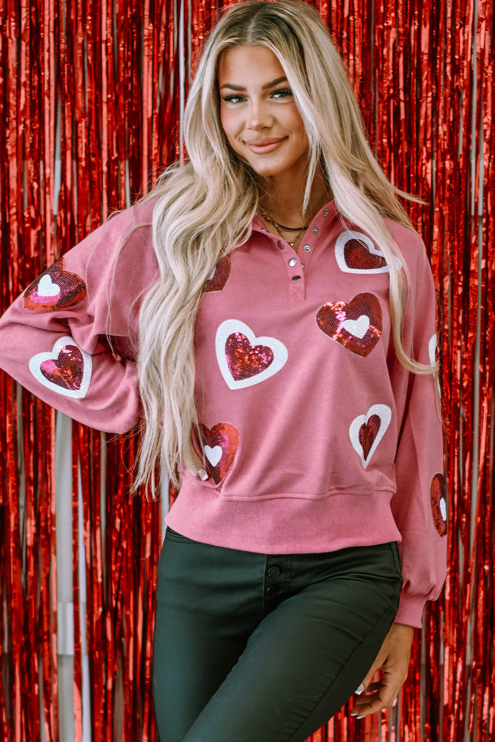 Mineral Wash Sequin Heart Snap Buttons Collared Sweatshirt