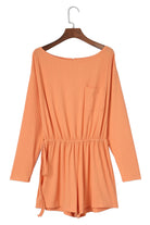 Orange Ribbed Drawstring Waist Long Sleeve Romper