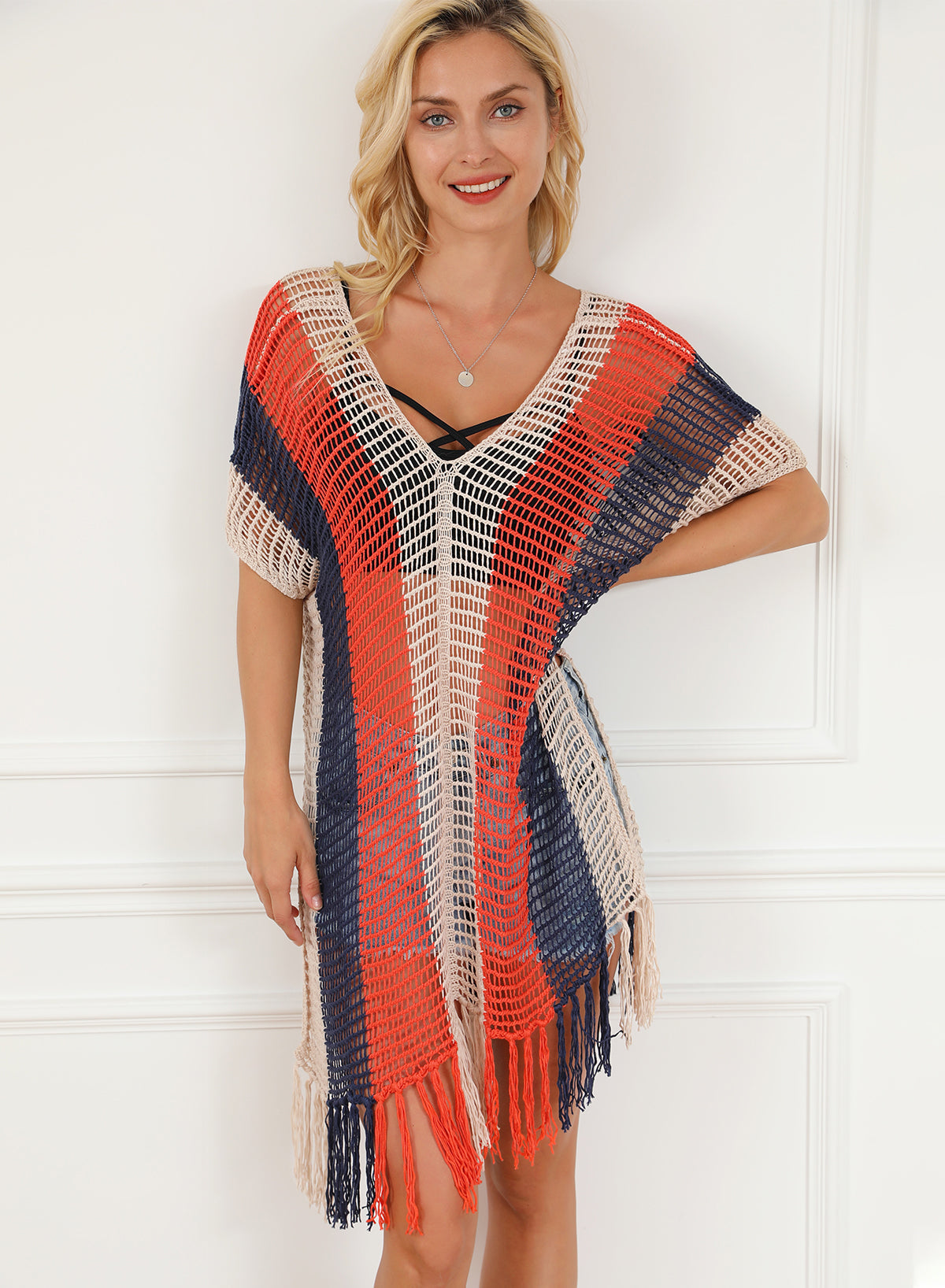 Striped Tassel Crochet V Neck Beach Cover Up