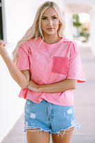 Pink Acid Wash Lace Patch Pocket T-Shirt