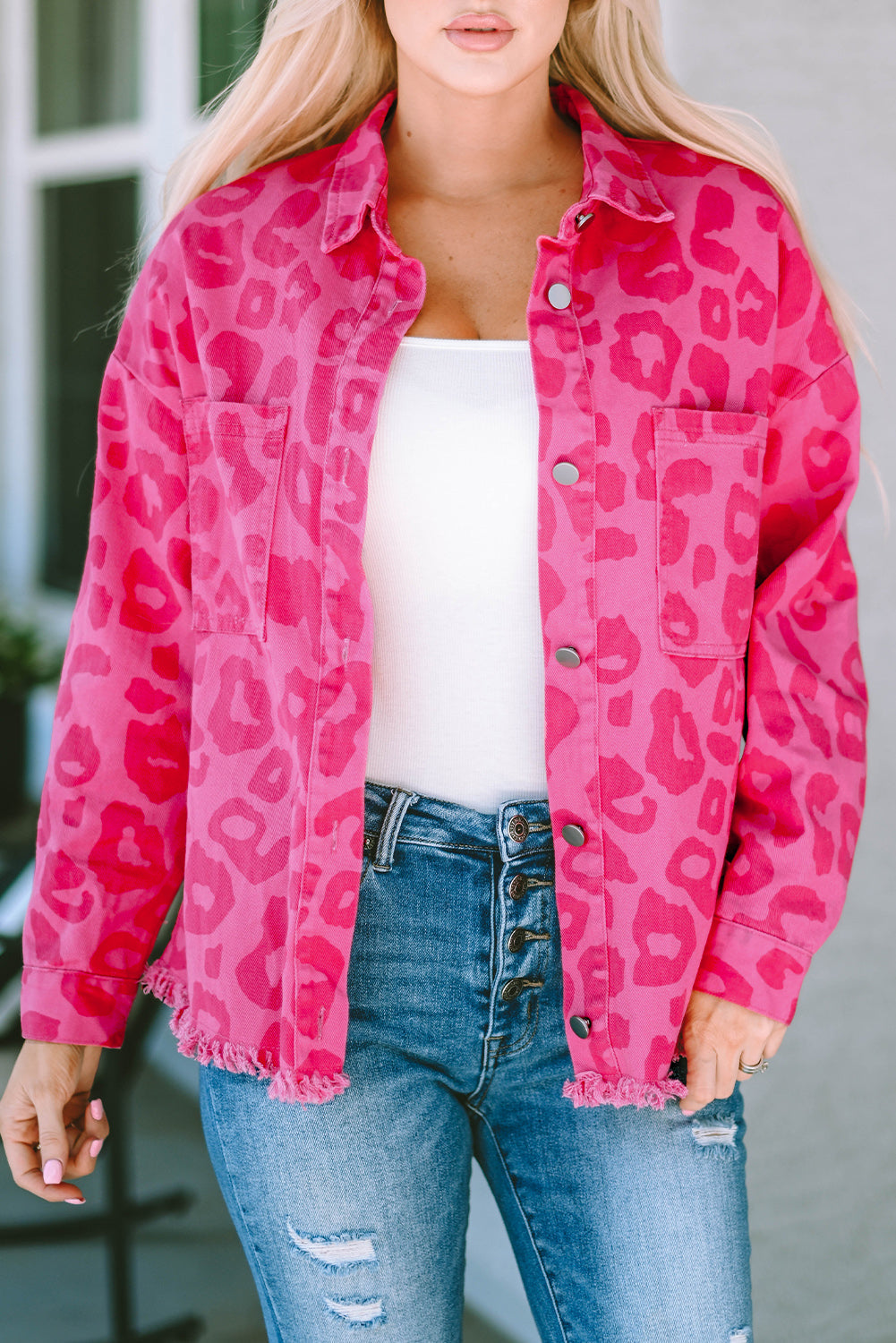 Pink Leopard Print Button Cuffs Raw Hem Jacket