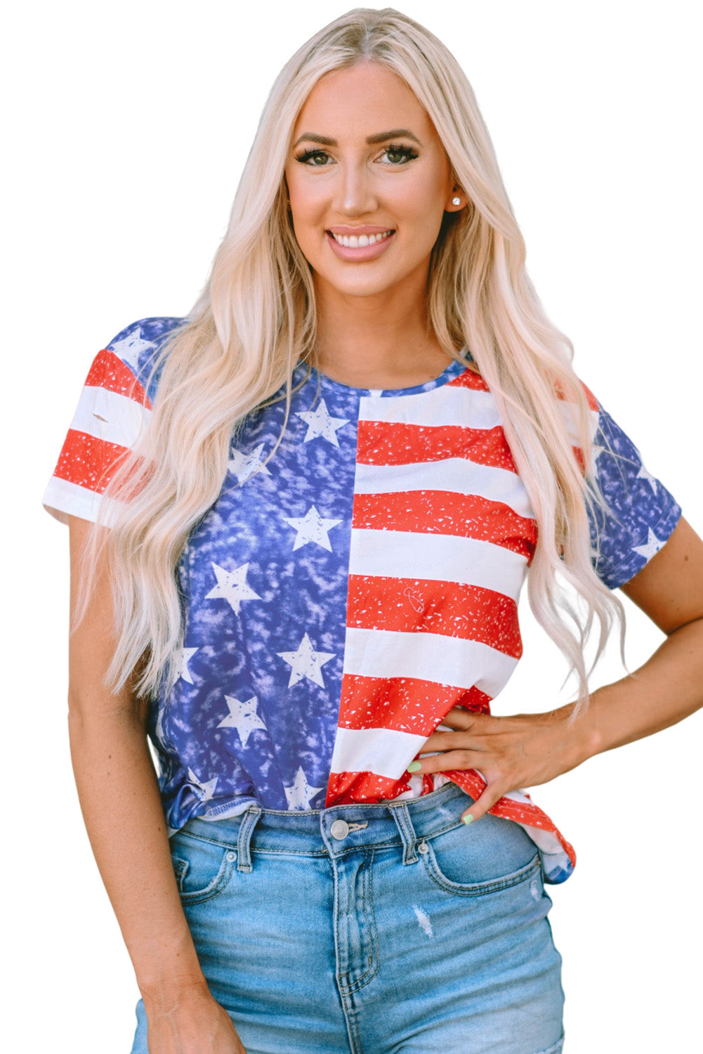 Stripe American Flag Print Distressed Crew Neck T Shirt