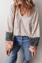 Floral Patchwork Textured Knit Drawstring V Neck Blouse