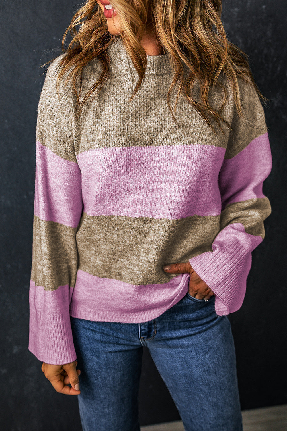 Crew Neck Wide Sleeve Colorblock Sweater