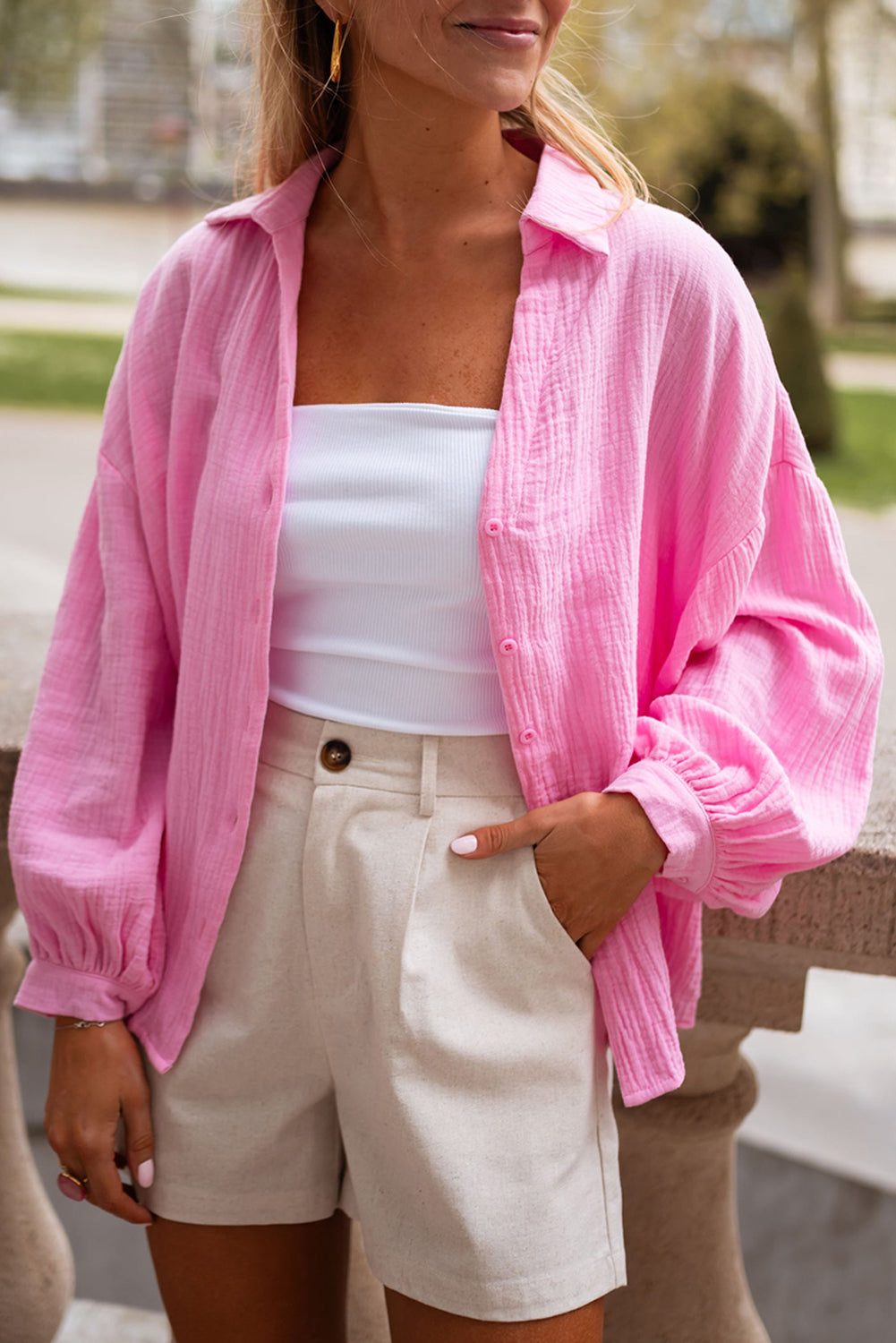 Solid Color Puff Sleeve Crinkled Shirt