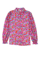 Abstract Floral Button Up Long Puff Sleeve Shirt