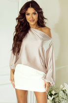 Asymmetrical Neck Balloon Sleeve Satin Blouse