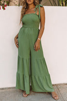 Tie Straps Shirred Bodice Tiered Wide Leg Jumpsuit