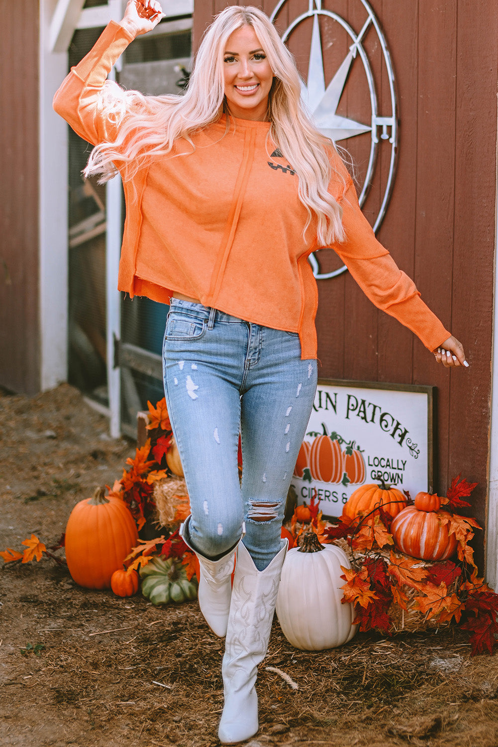 Halloween Pumpkin Face Exposed Seam Patchwork Sweatshirt