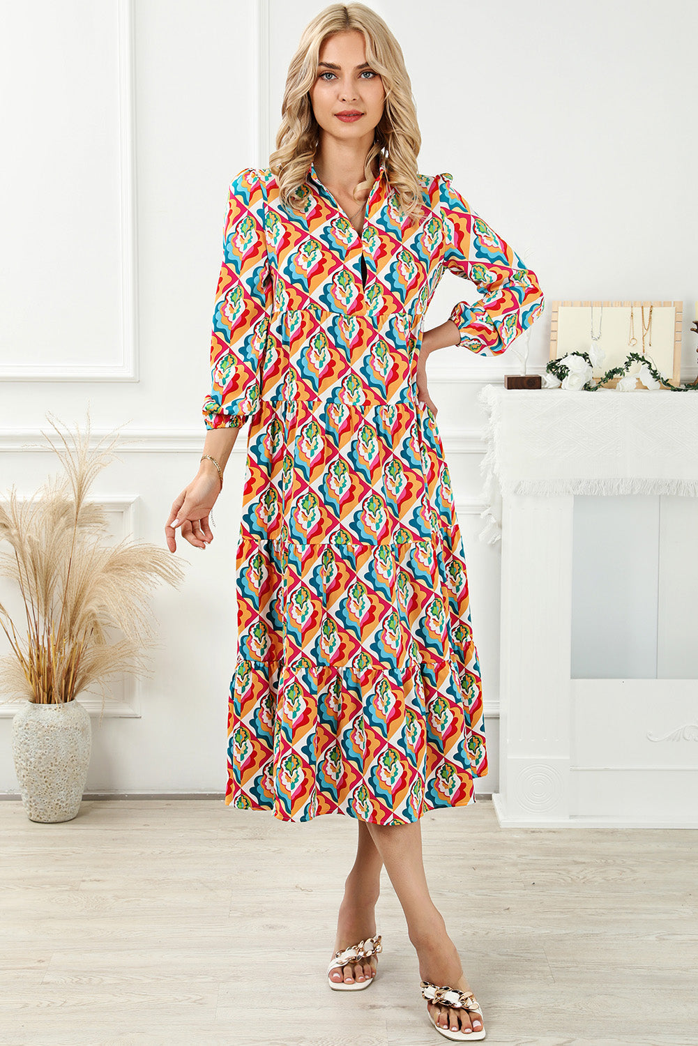 Abstract Geometric Print Long Sleeve High Waist Dress