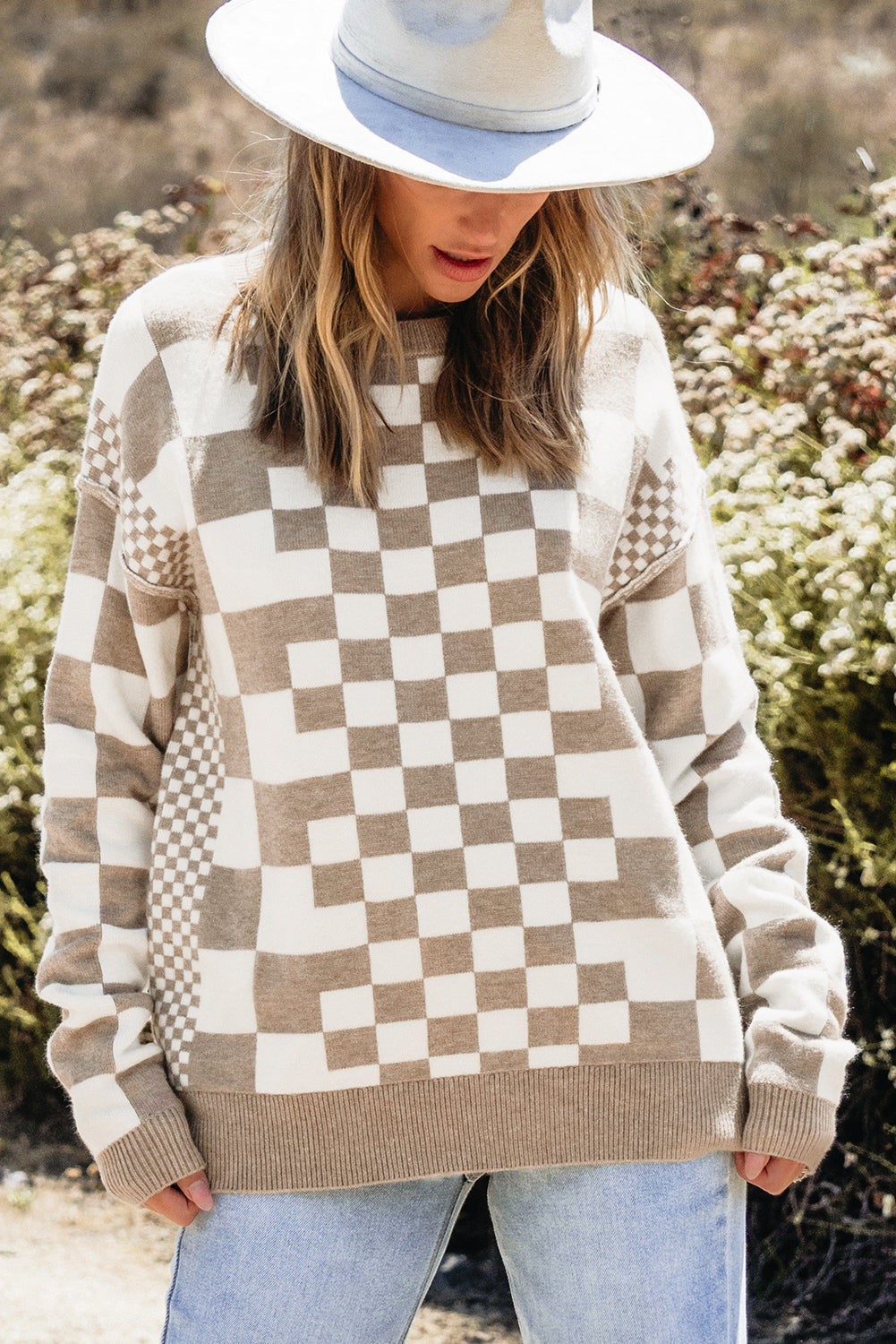 Checkered Print Drop Shoulder Round Neck Sweater