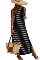 Stripe Print Open Back Sleeveless Maxi Dress with Slits