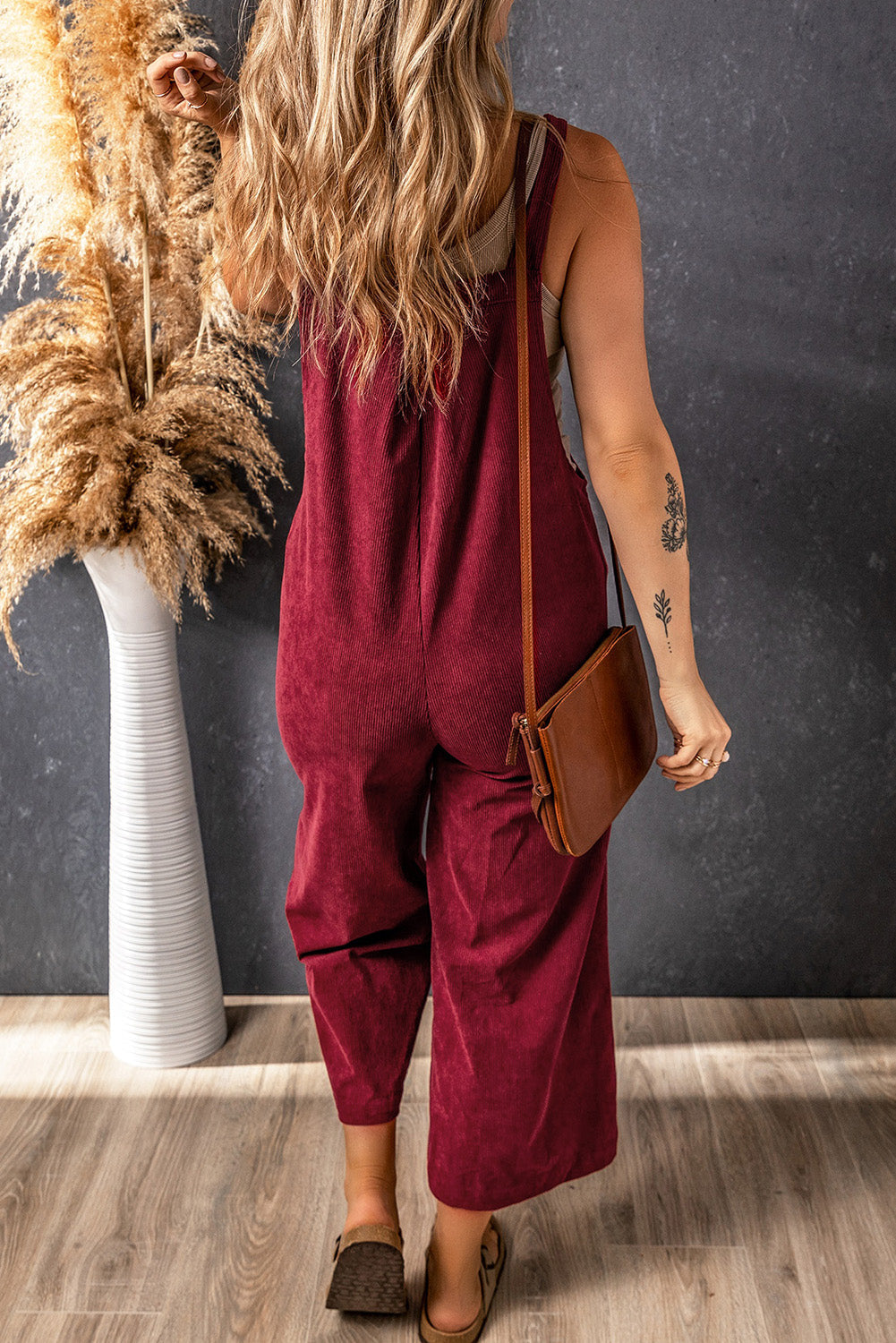 Solid Color Corduroy Wide Leg Bib Overalls