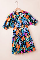 Blue Collared Split Neck Floral Flared Dress