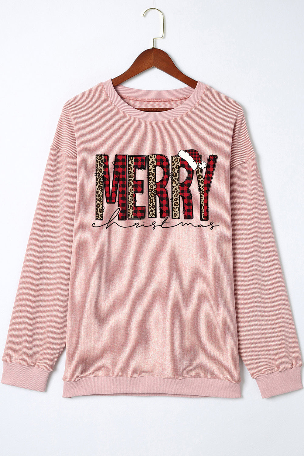 MERRY Christmas Plaid Leopard Print Corded Sweatshirt