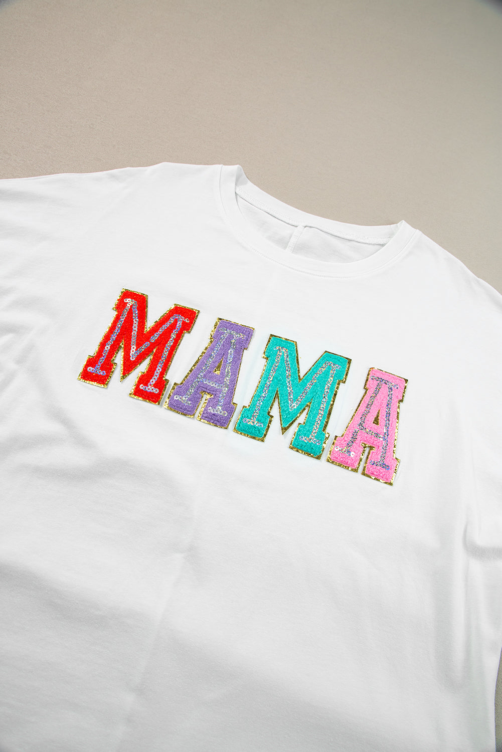 White MAMA Chenille Patched Crew Neck T Shirt