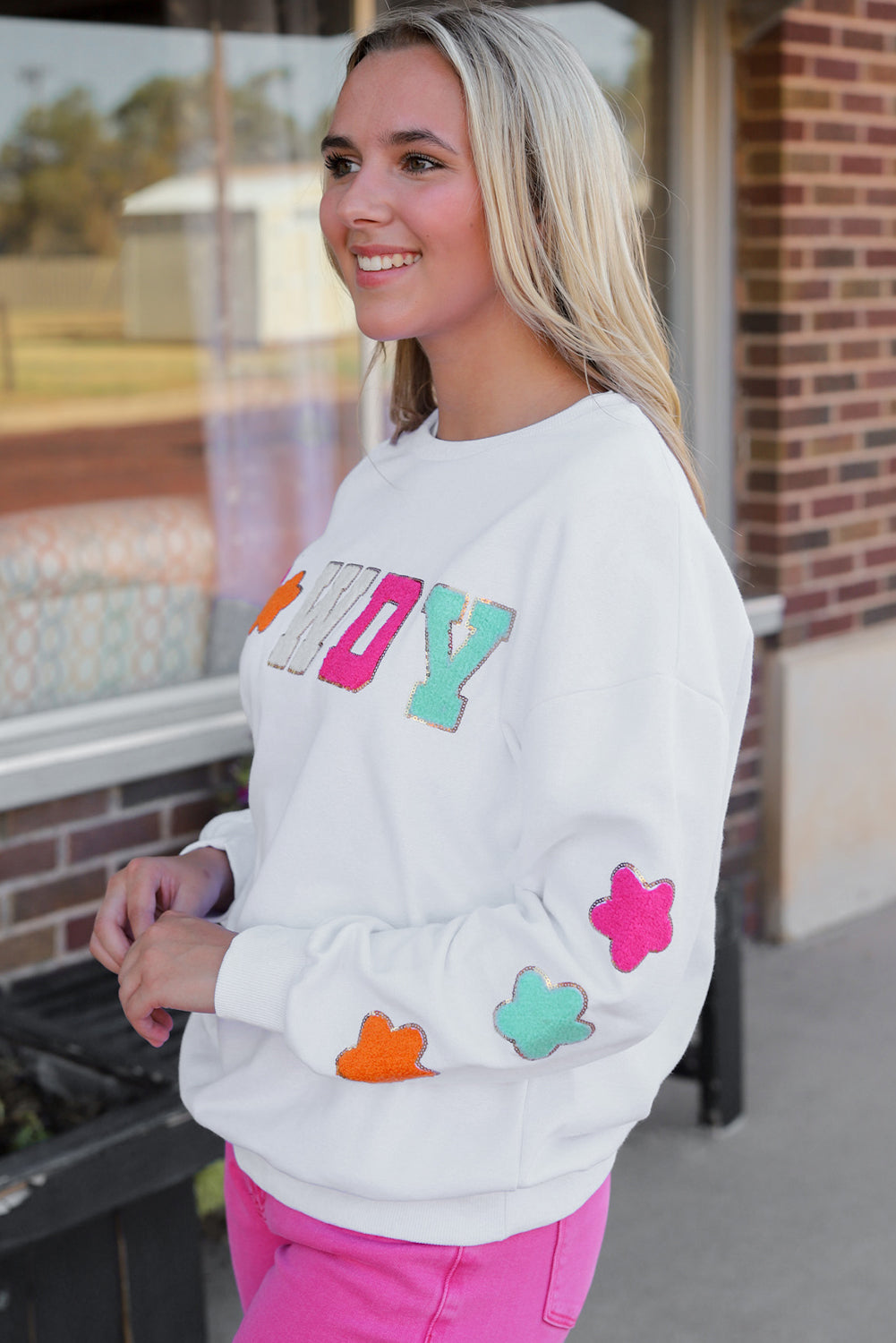 Howdy Glitter Chenille Patch Graphic Casual Sweatshirt