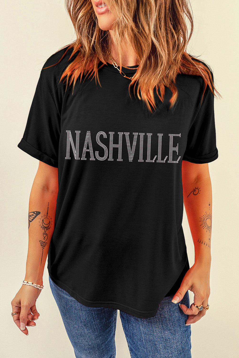 Rhinestone NASHVILLE Graphic Crewneck T Shirt