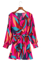 Abstract Printed Belted Puff Sleeve Mini Dress