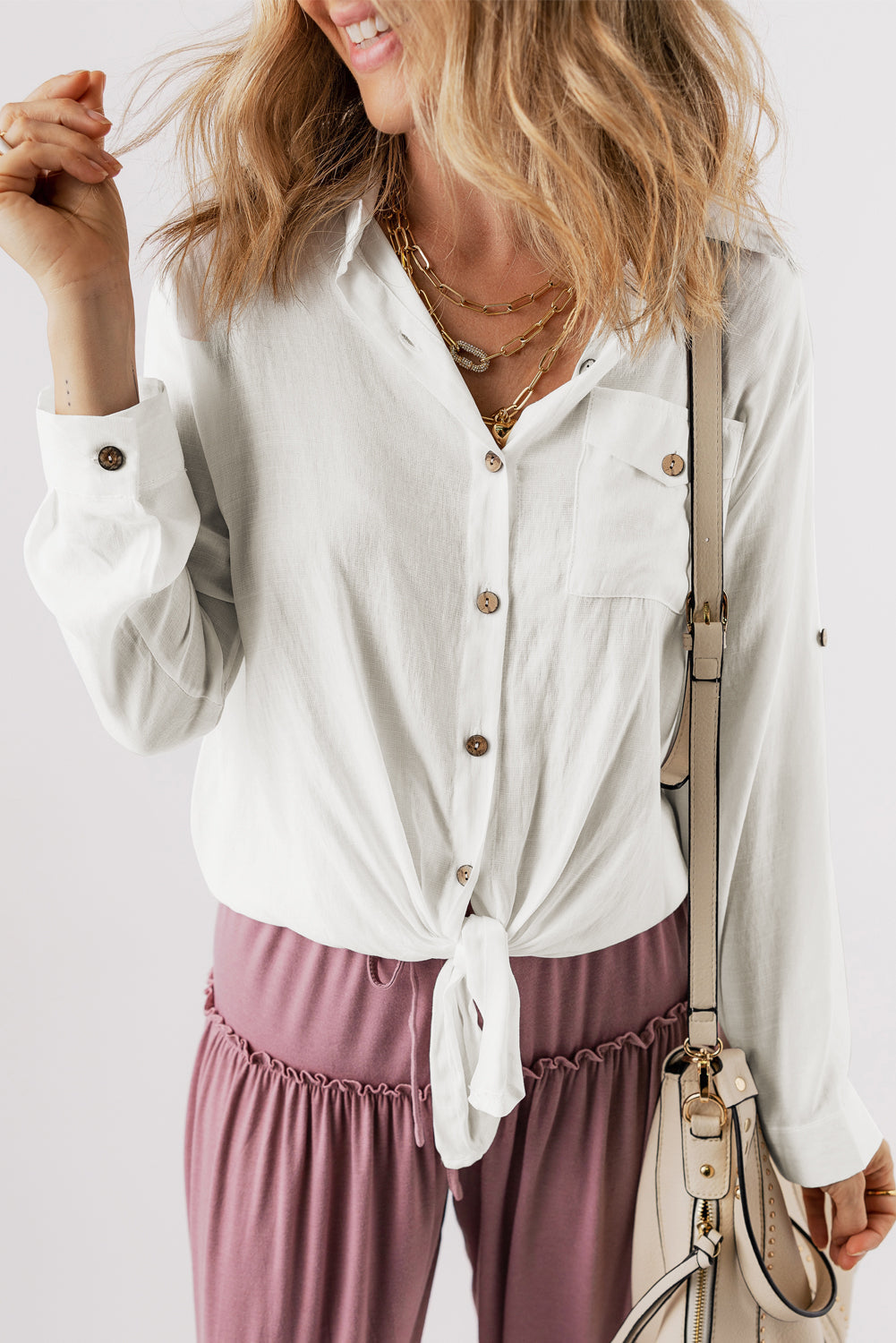 Roll up Sleeve Knotted Casual Shirt