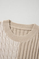 Cable Knit Colorblock Crew Neck Drop Shoulder Sweater