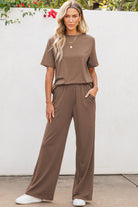 Solid Color T Shirt 2pcs Wide Leg Pants Set