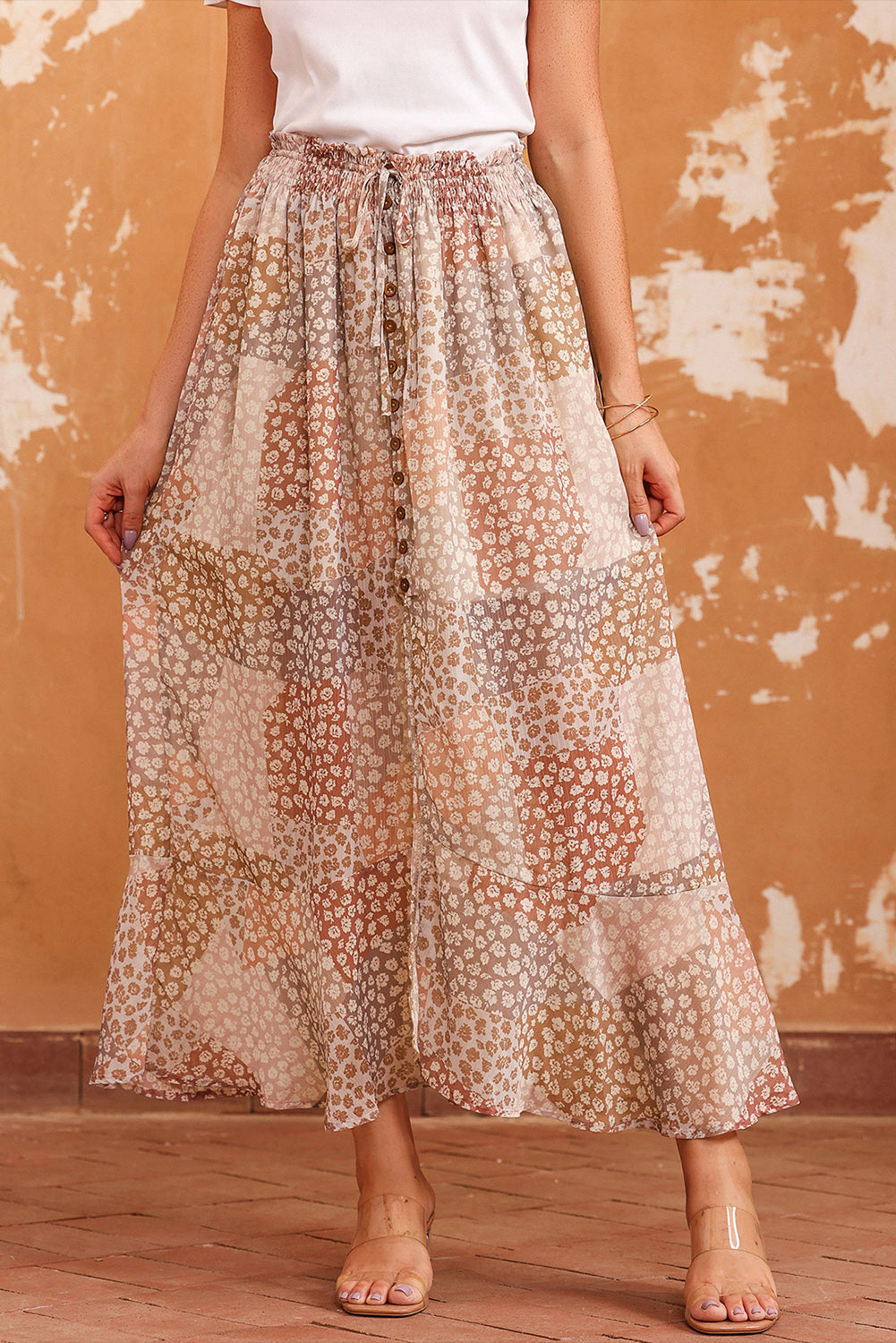 Boho Flower Print Smocked Waist Button Slit Maxi Skirt