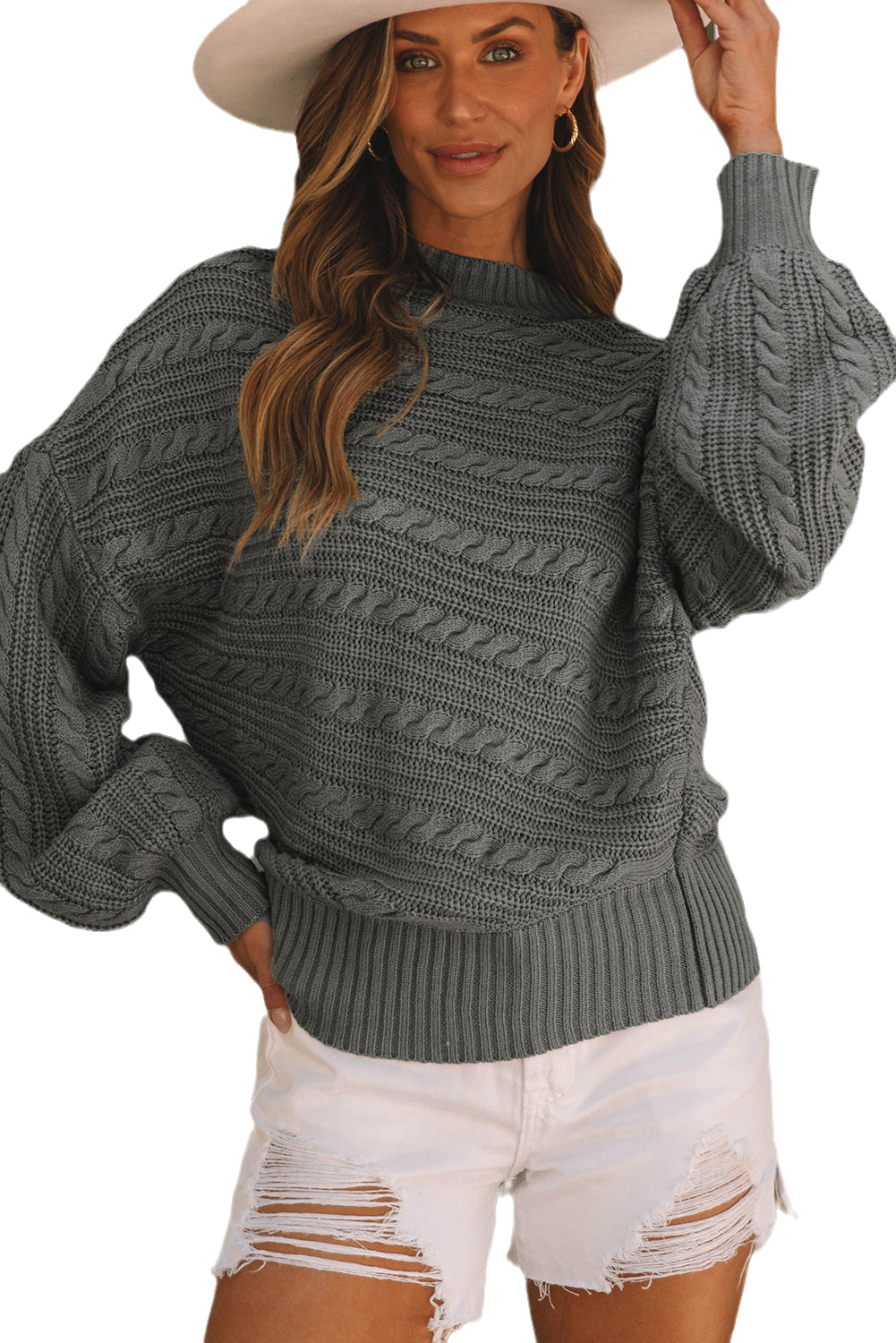 Mock Neck Lantern Sleeve Cable Knit Sweater