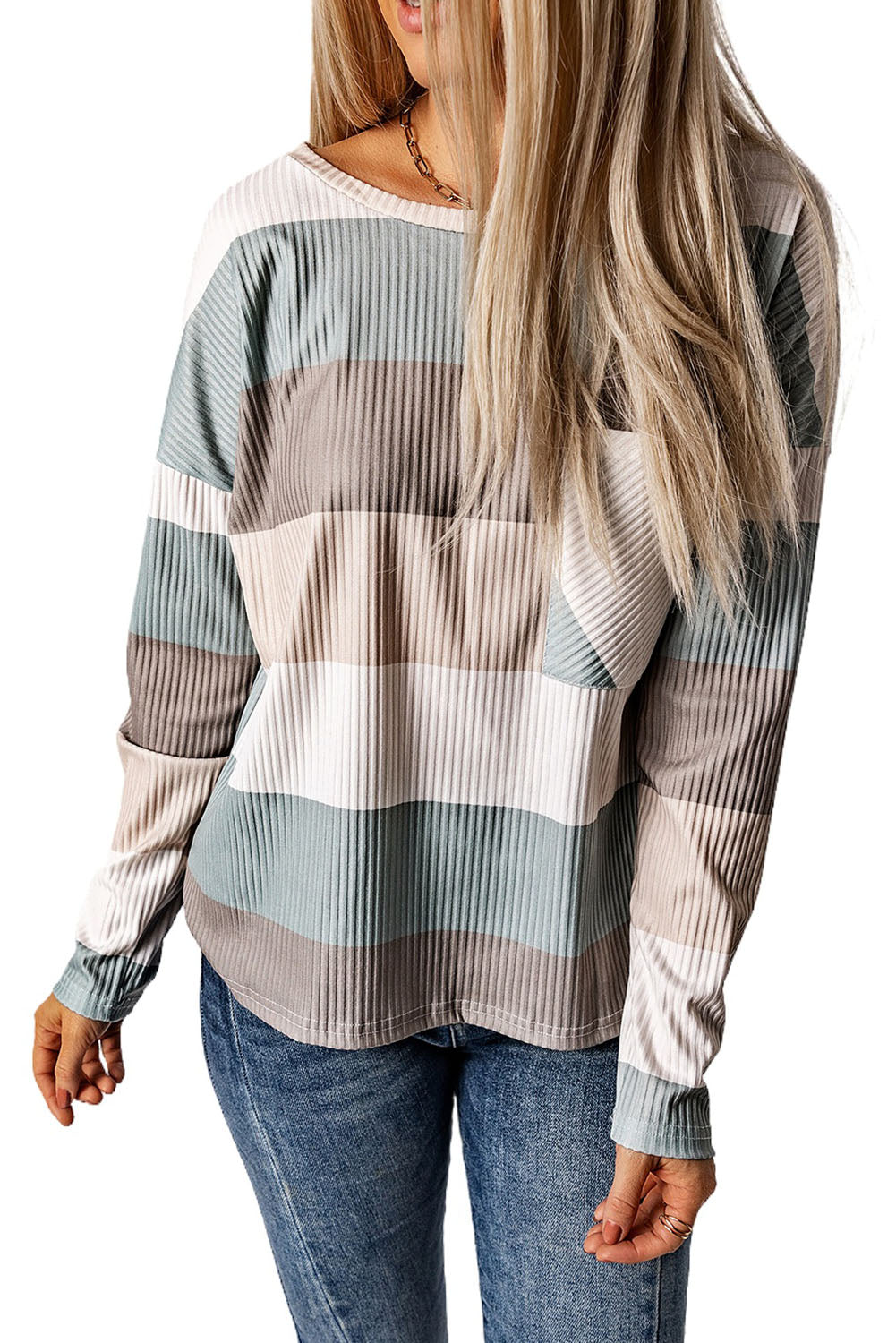 Color Block Ribbed Long Sleeve Top with Pocket