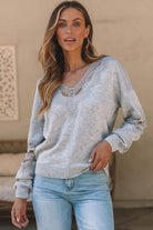 Hollowed Lace Splicing V Neck Loose Sweater