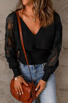 Black V-Neck Lace Sleeve Pullover Sweater