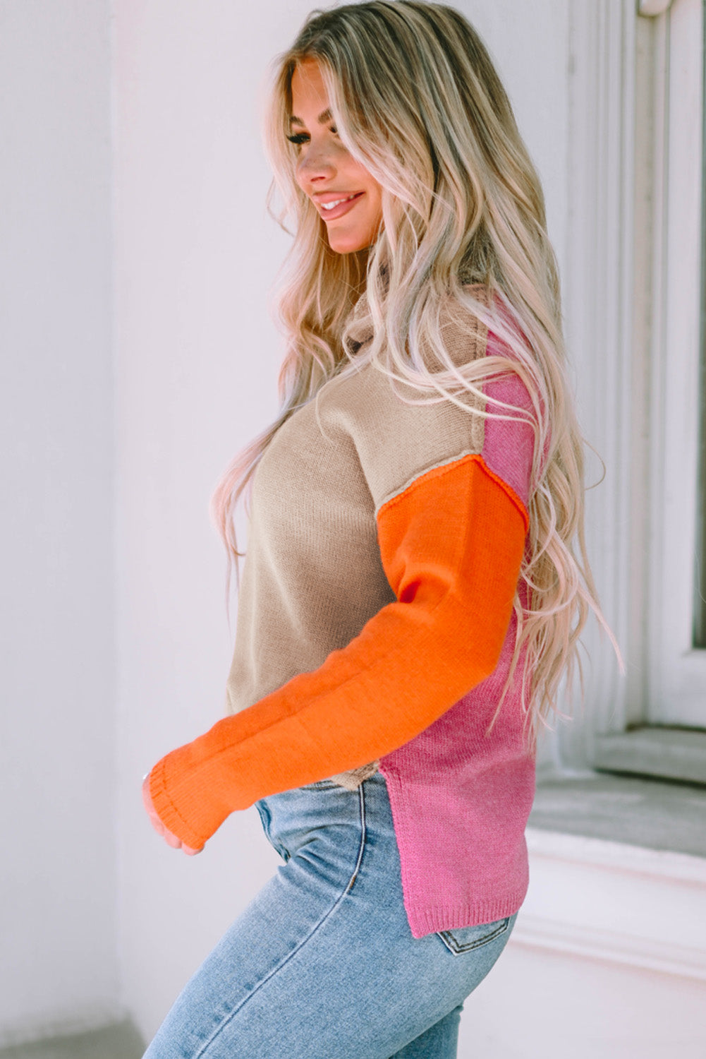 Color Block Turtle Neck Drop Shoulder Knit Sweater