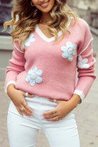 Flower V Neck Dropped Shoulder Sweater