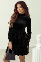 Velvet High Neck Tiered Ruffle Mini Dress