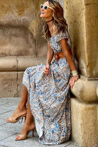 Blue Boho Paisley Print Off Shoulder Maxi Dress