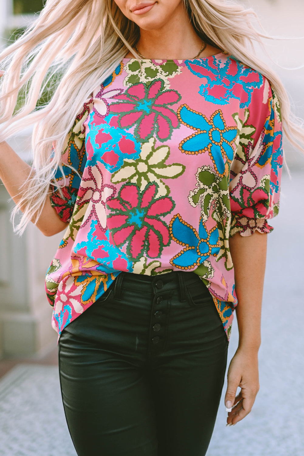 Floral Print Bracelet Sleeve Blouse