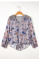 Floral Print Lace Patchwork Knot Front V Neck Blouse