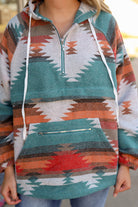 Aztec Print Zipped Split Neck Hoodie