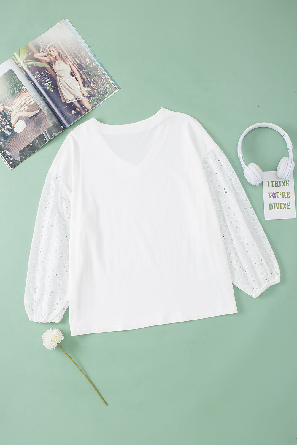 V-neck Embroidered Patchwork Puff Sleeve Blouse